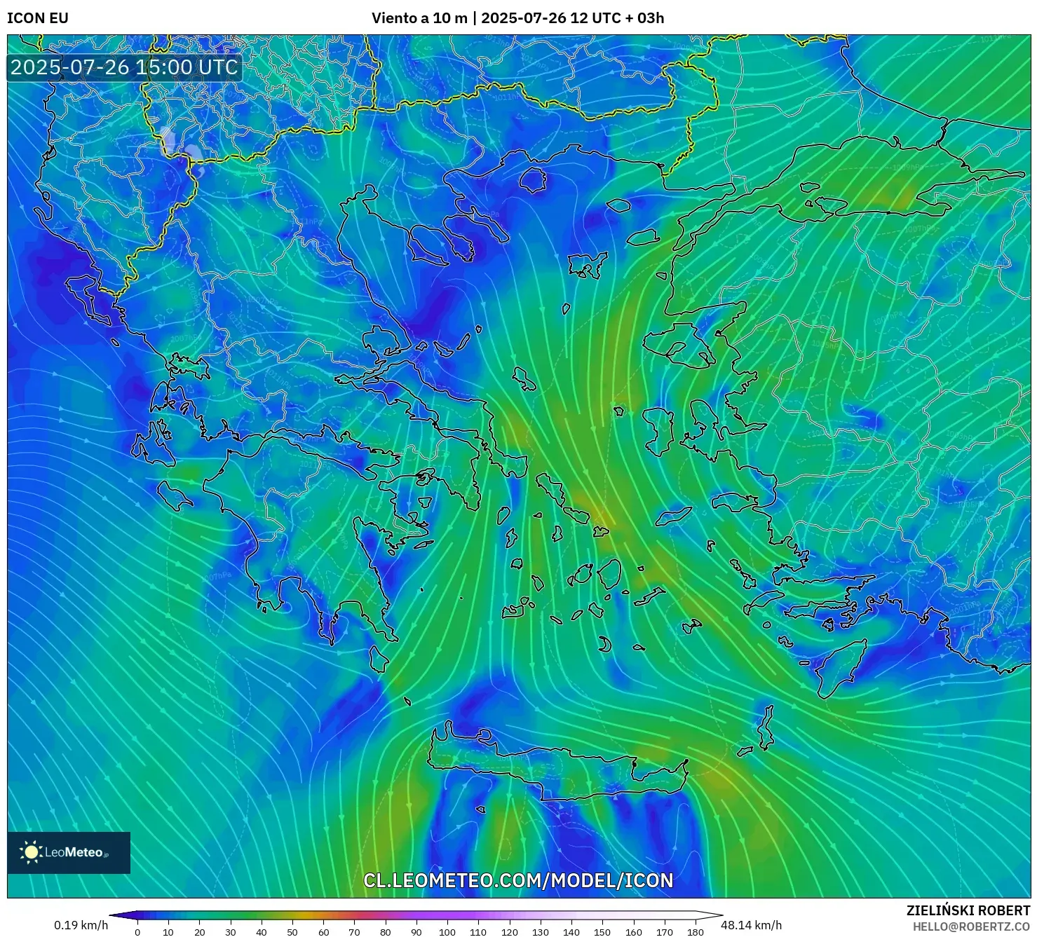 ICON model - Grecia, Viento a 10 m