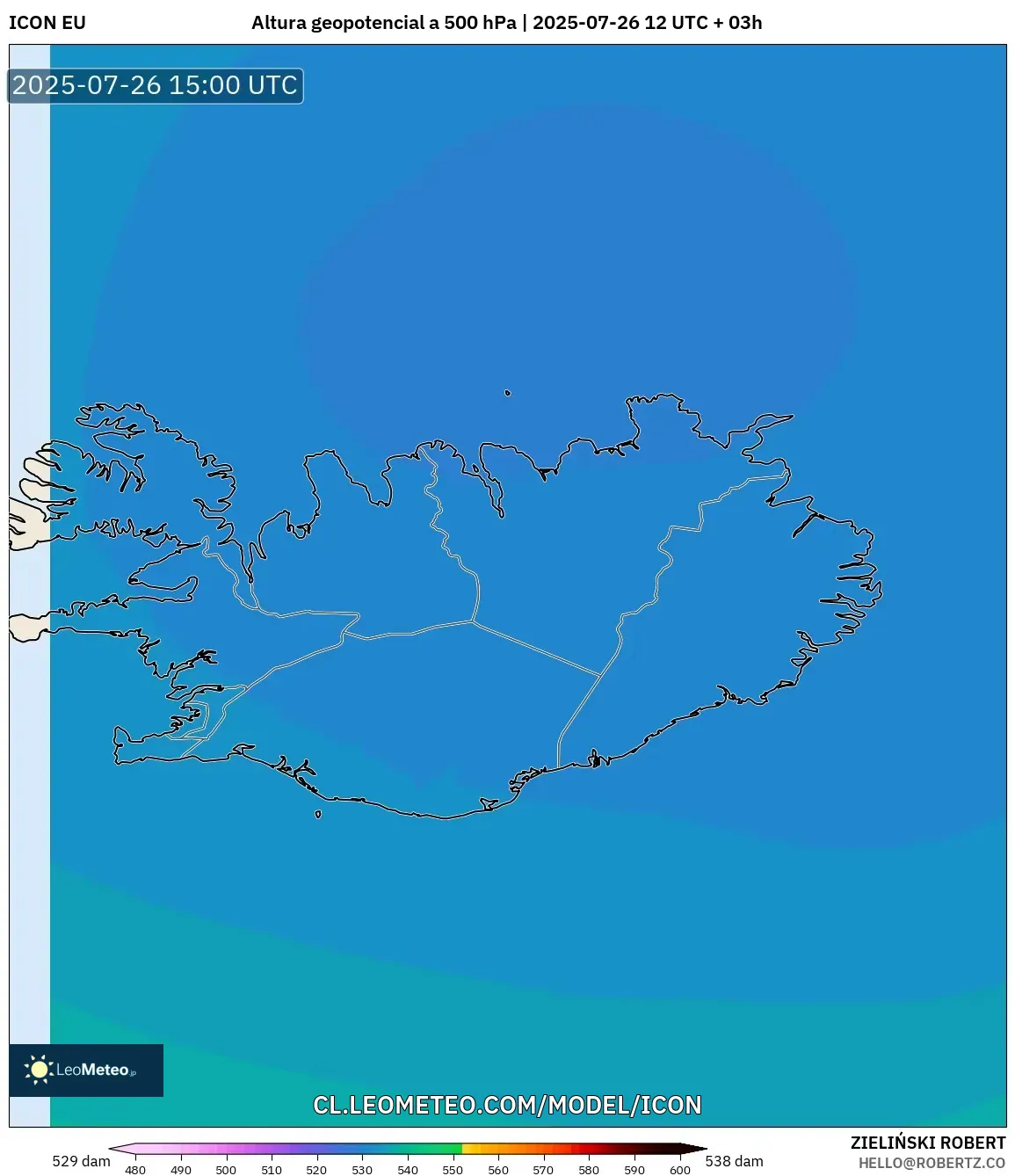 ICON model - Islandia, Altura geopotencial a 500 hPa