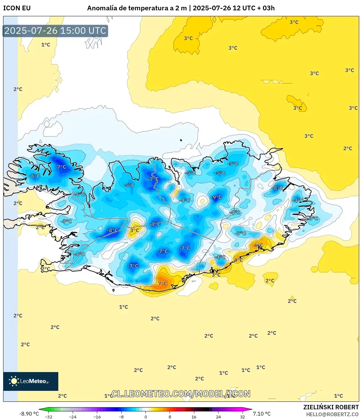 ICON model - Islandia, Anomalía de temperatura a 2 m