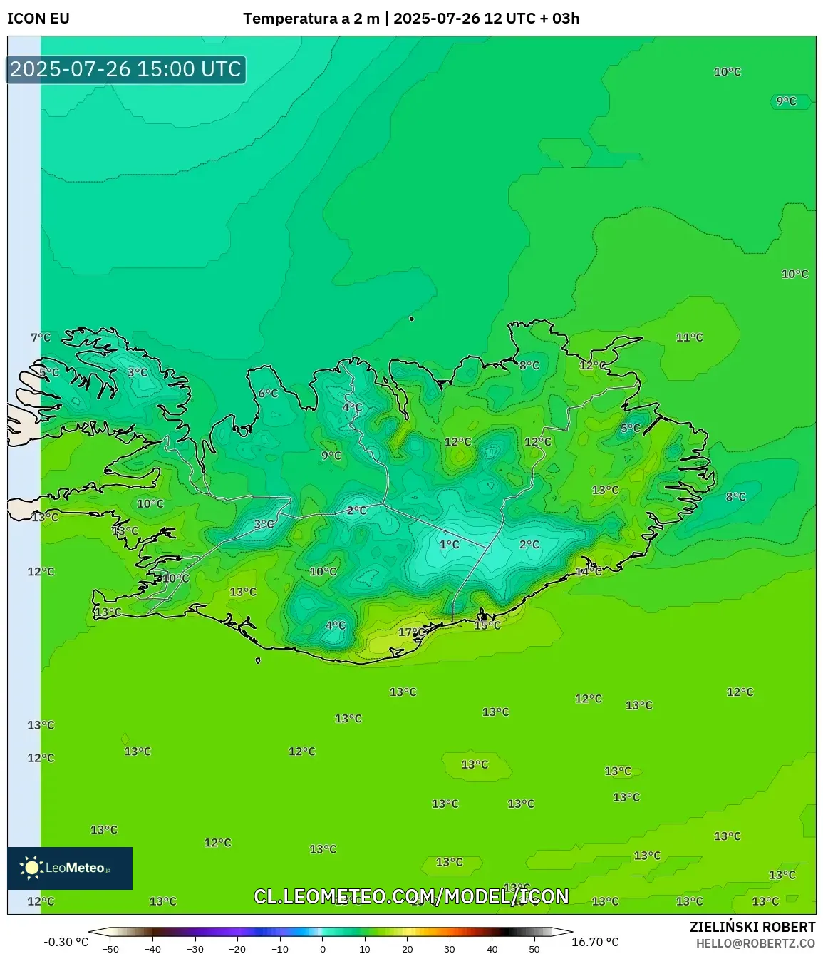 ICON model - Islandia, Temperatura a 2 m