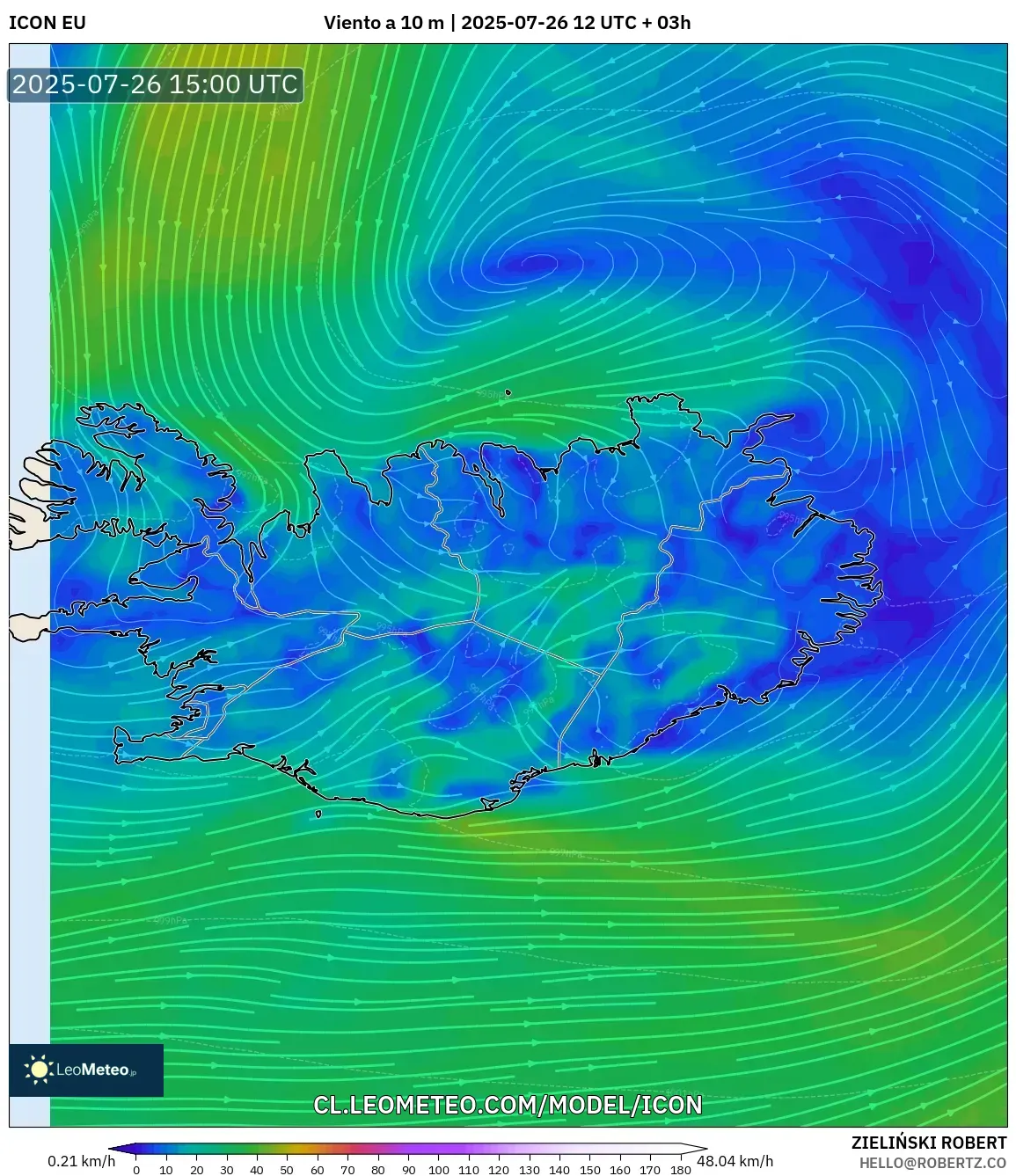 ICON model - Islandia, Viento a 10 m