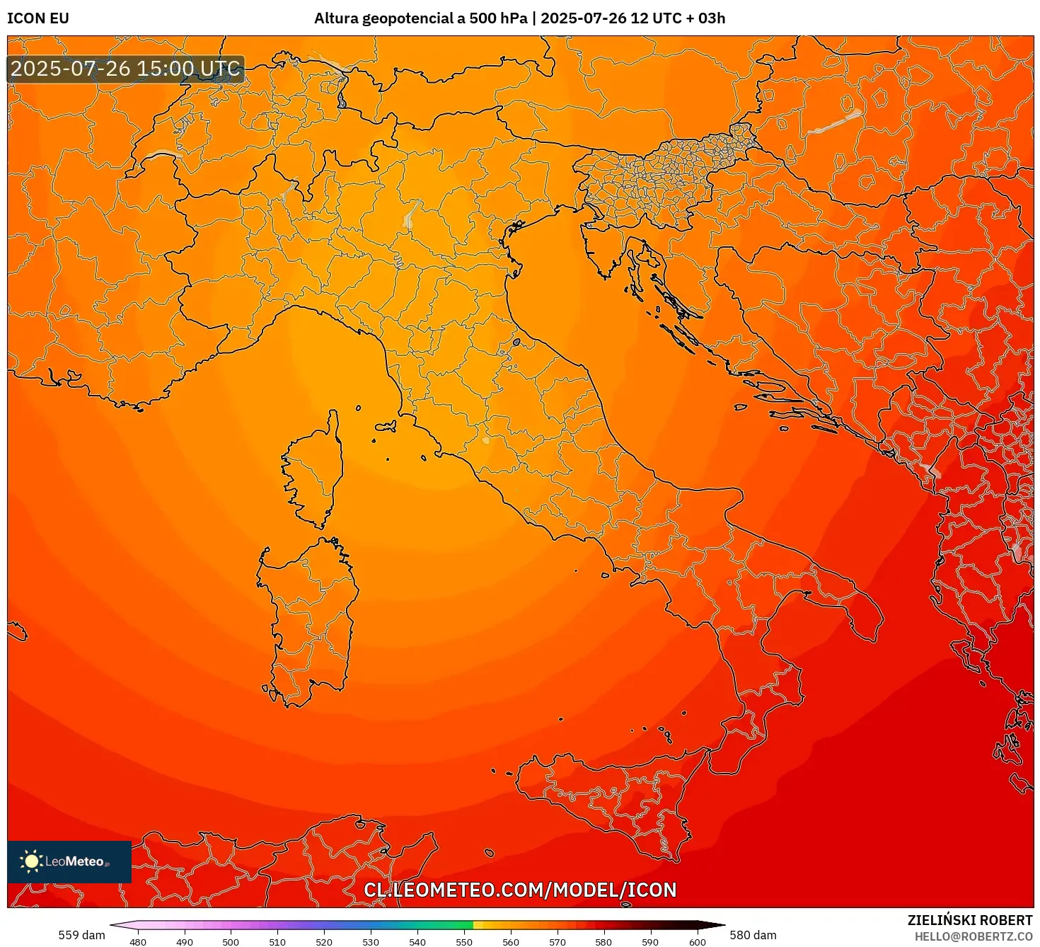 ICON model - Italia, Altura geopotencial a 500 hPa