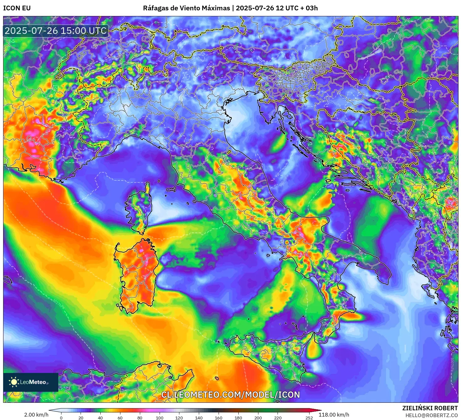 ICON model - Italia, Ráfagas de Viento Máximas