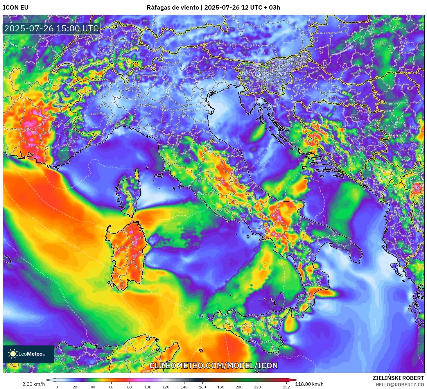 ICON model - Italia, Ráfagas de viento