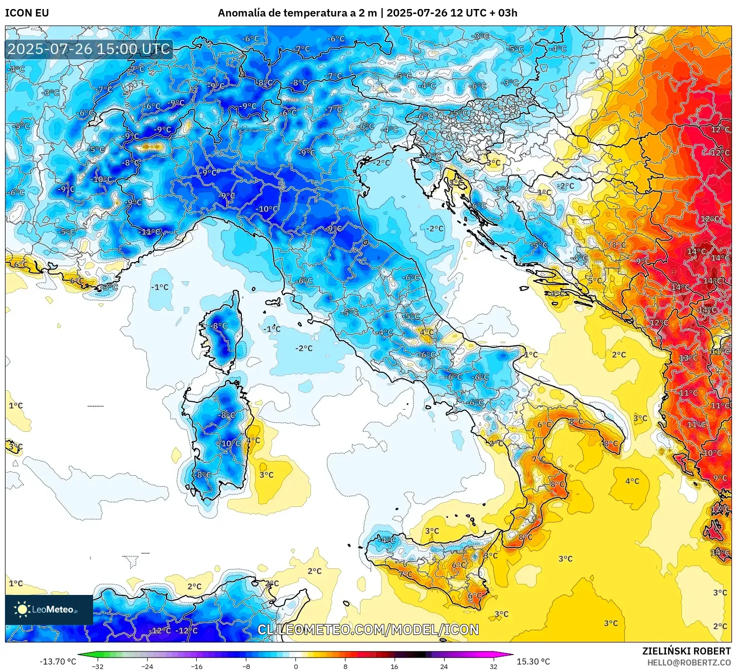 ICON model - Italia, Anomalía de temperatura a 2 m