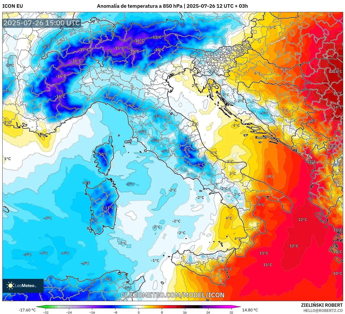 ICON model - Italia, Anomalía de temperatura a 850 hPa