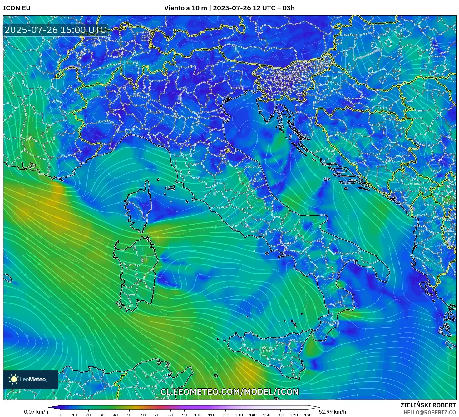 ICON model - Italia, Viento a 10 m