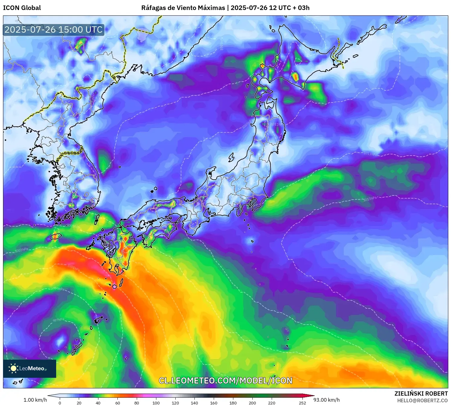 ICON model - Japón, Ráfagas de Viento Máximas