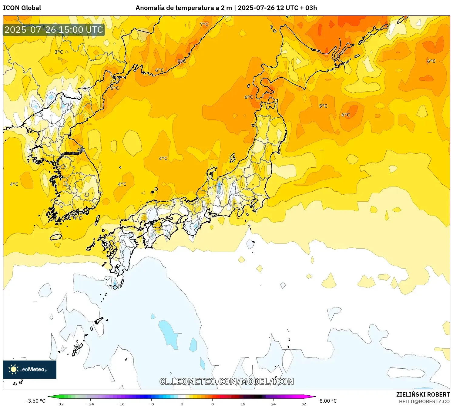 ICON model - Japón, Anomalía de temperatura a 2 m