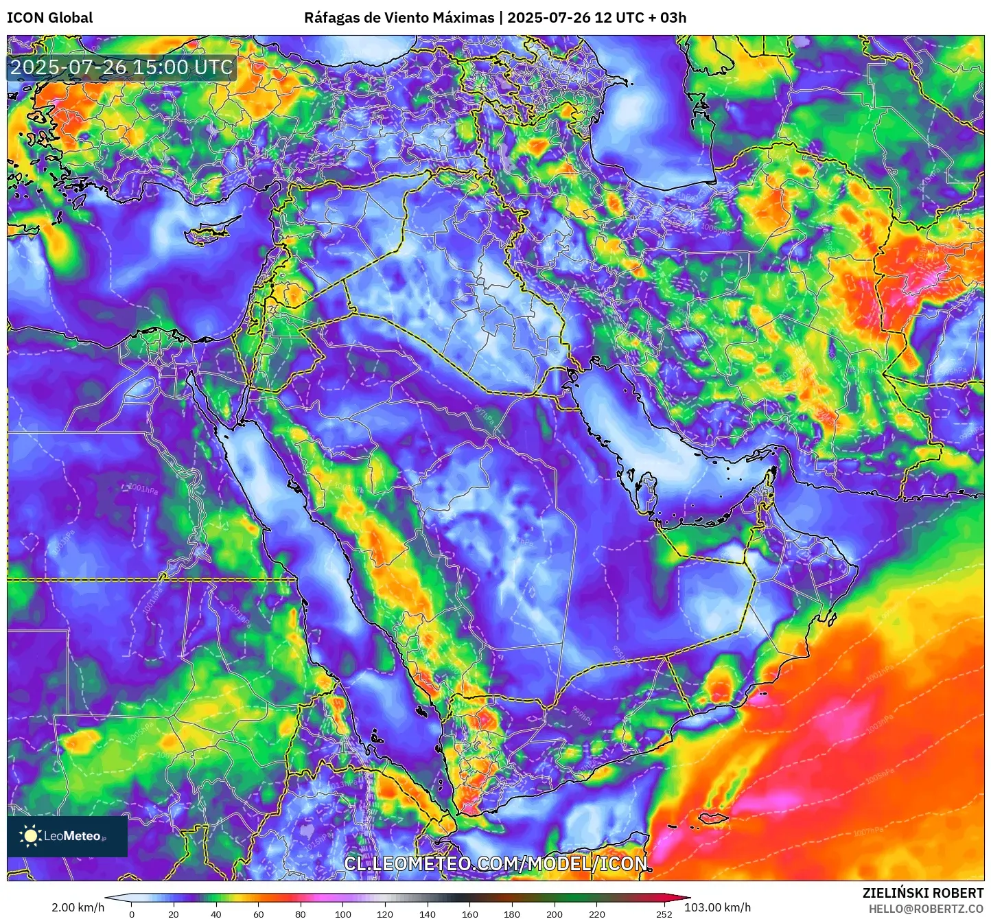 ICON model - Oriente Medio, Ráfagas de Viento Máximas