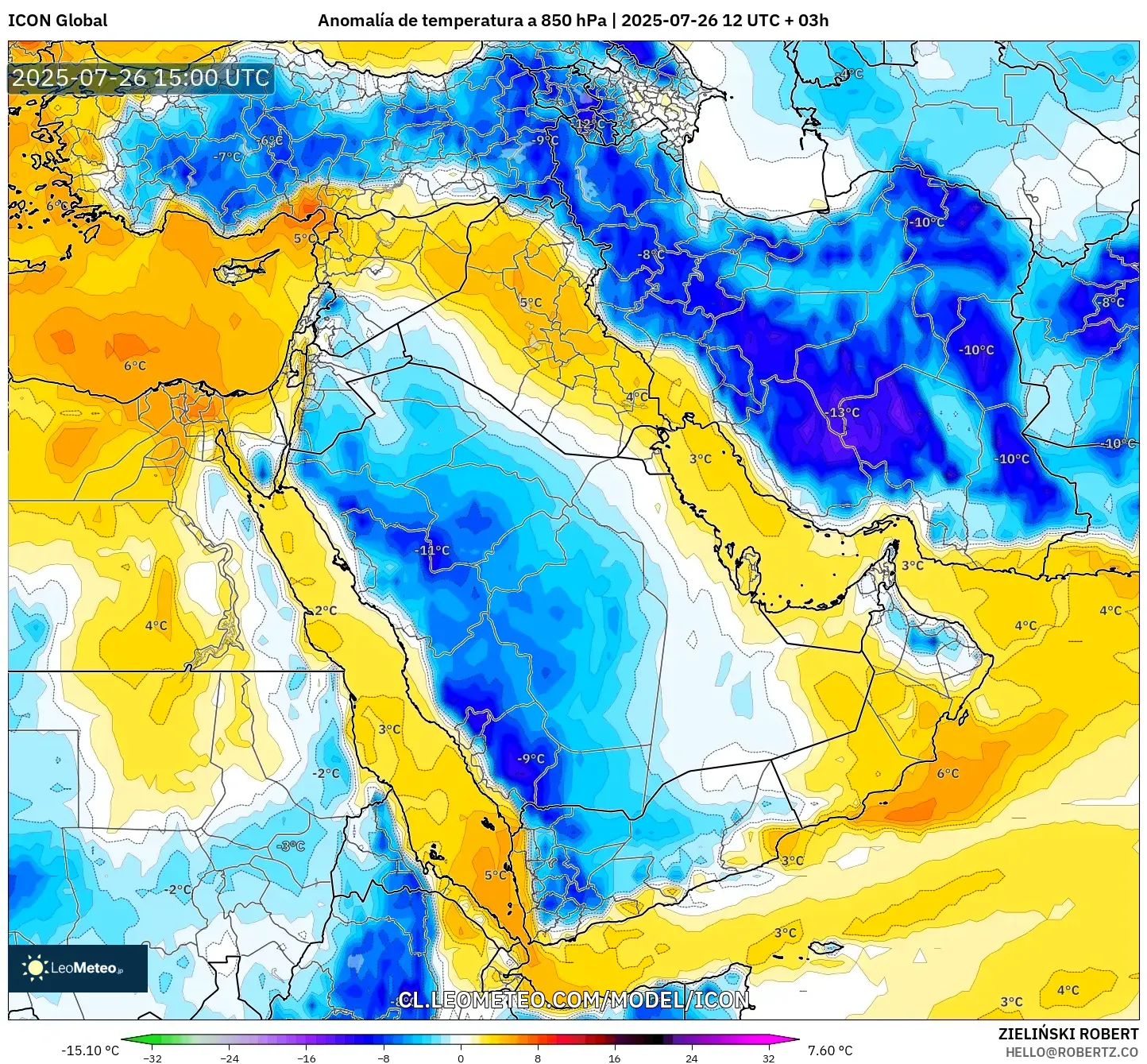 ICON model - Oriente Medio, Anomalía de temperatura a 850 hPa
