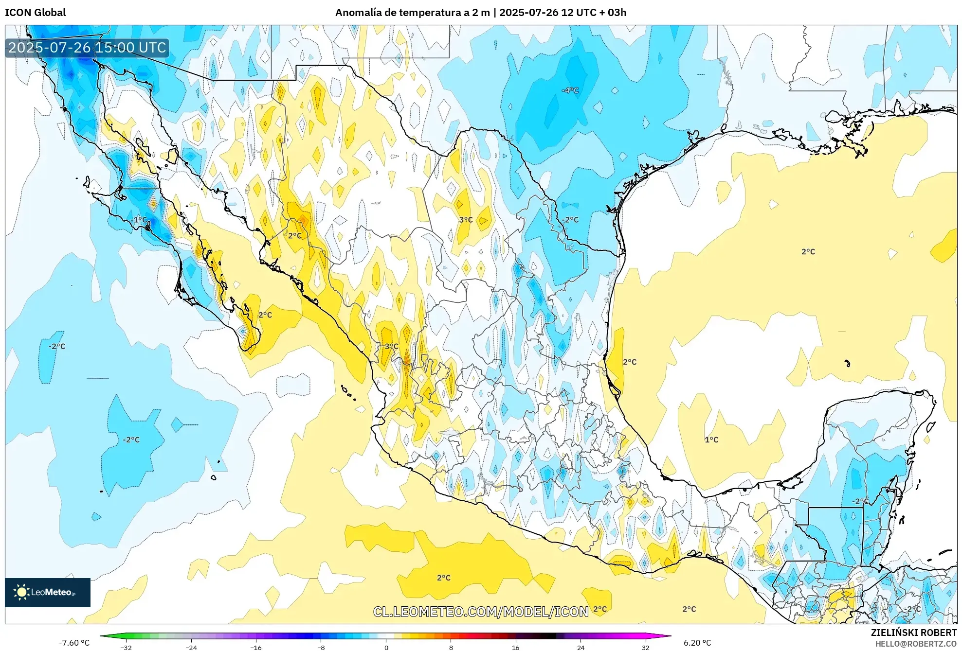 ICON model - México, Anomalía de temperatura a 2 m