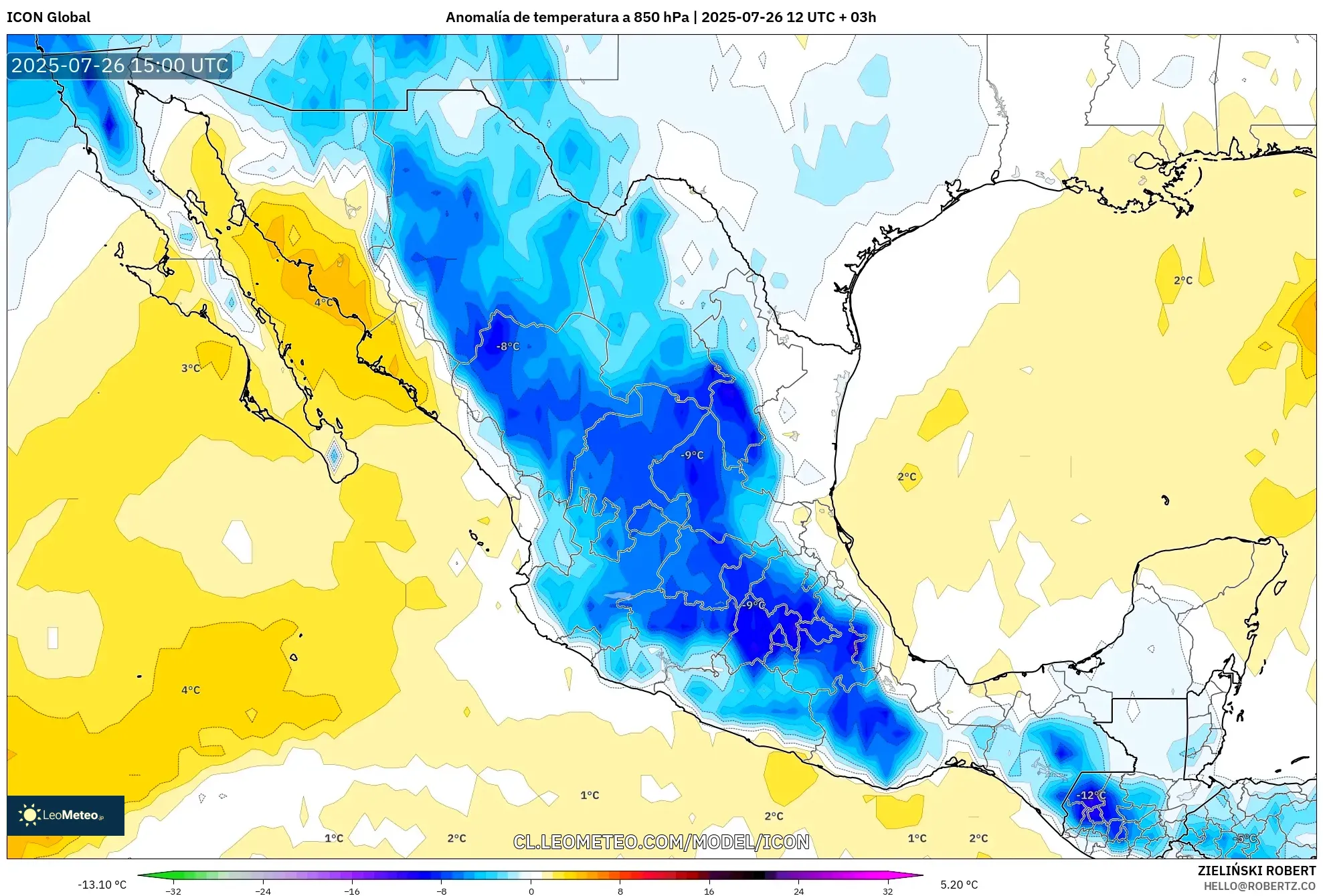 ICON model - México, Anomalía de temperatura a 850 hPa