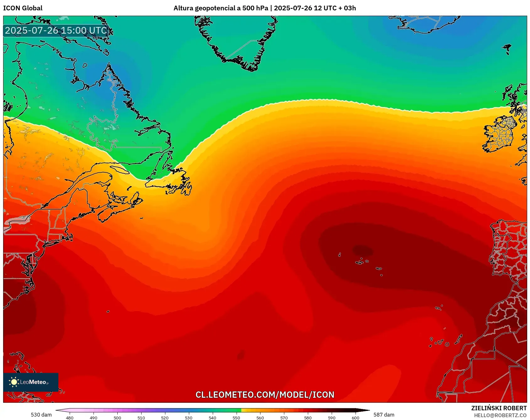 ICON model - Norte Atlántico, Altura geopotencial a 500 hPa