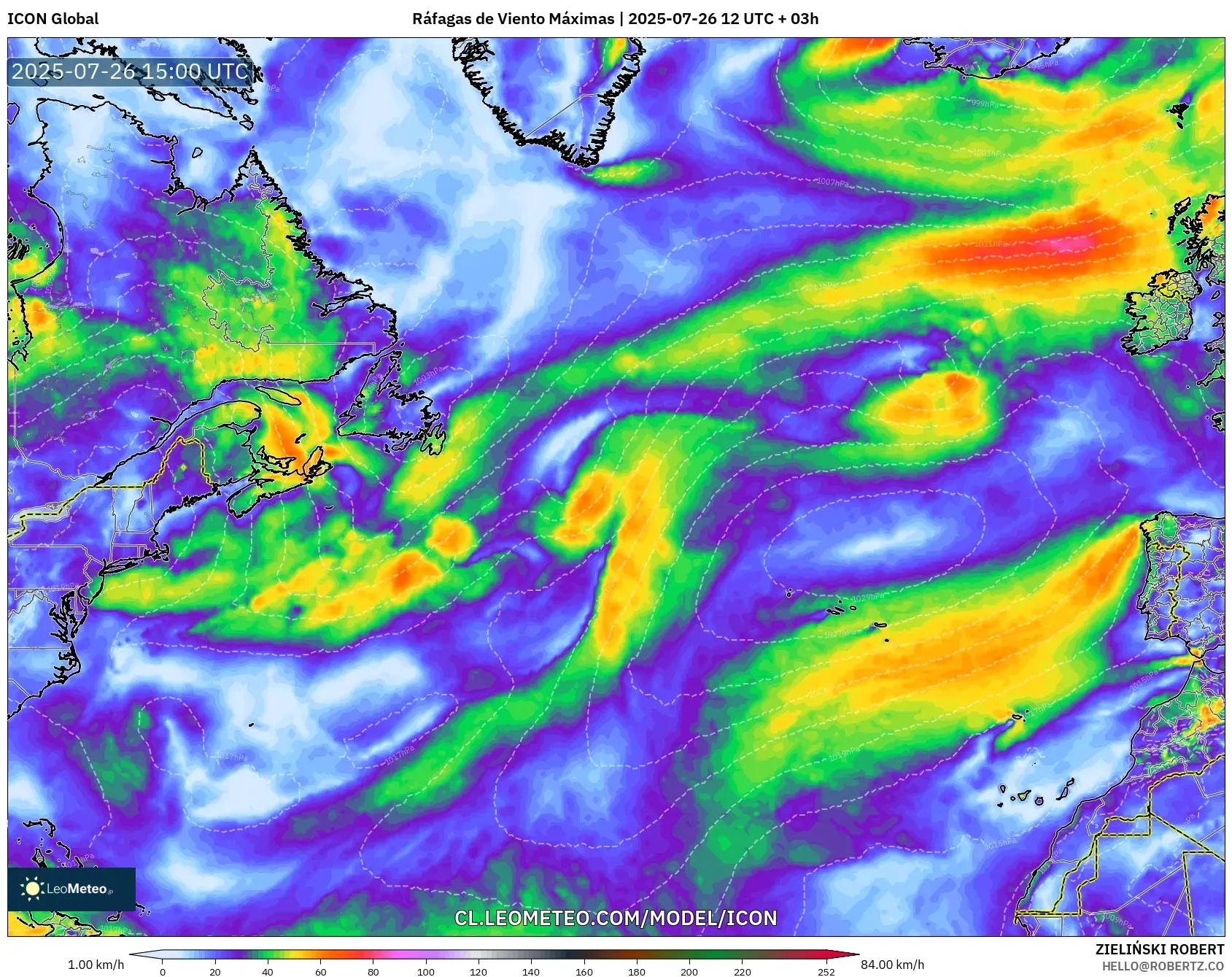 ICON model - Norte Atlántico, Ráfagas de Viento Máximas