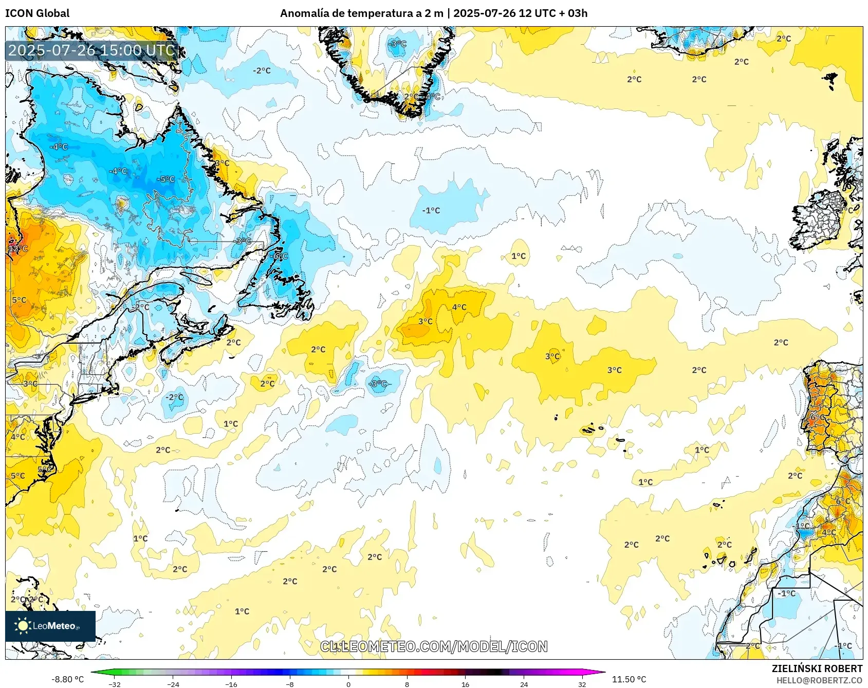 ICON model - Norte Atlántico, Anomalía de temperatura a 2 m