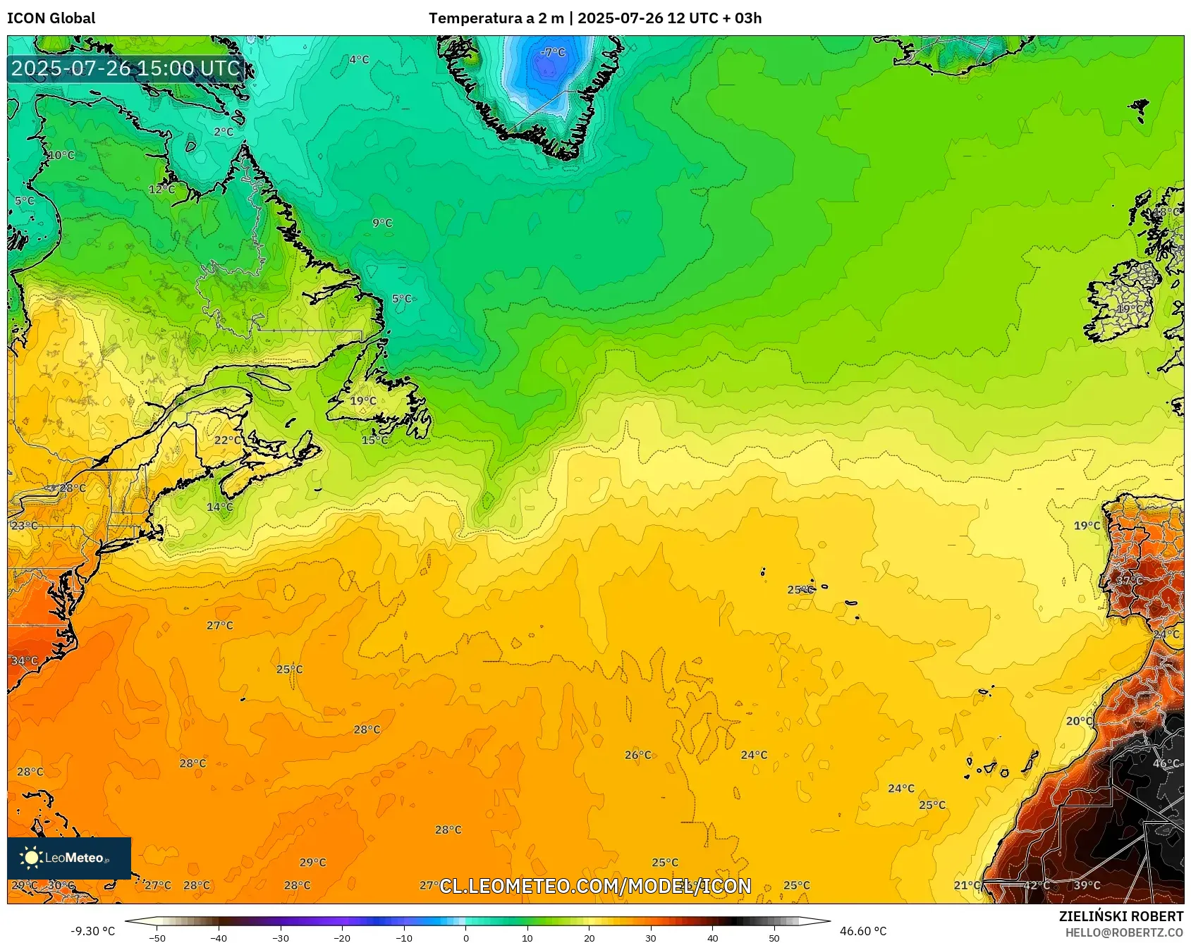 ICON model - Norte Atlántico, Temperatura a 2 m