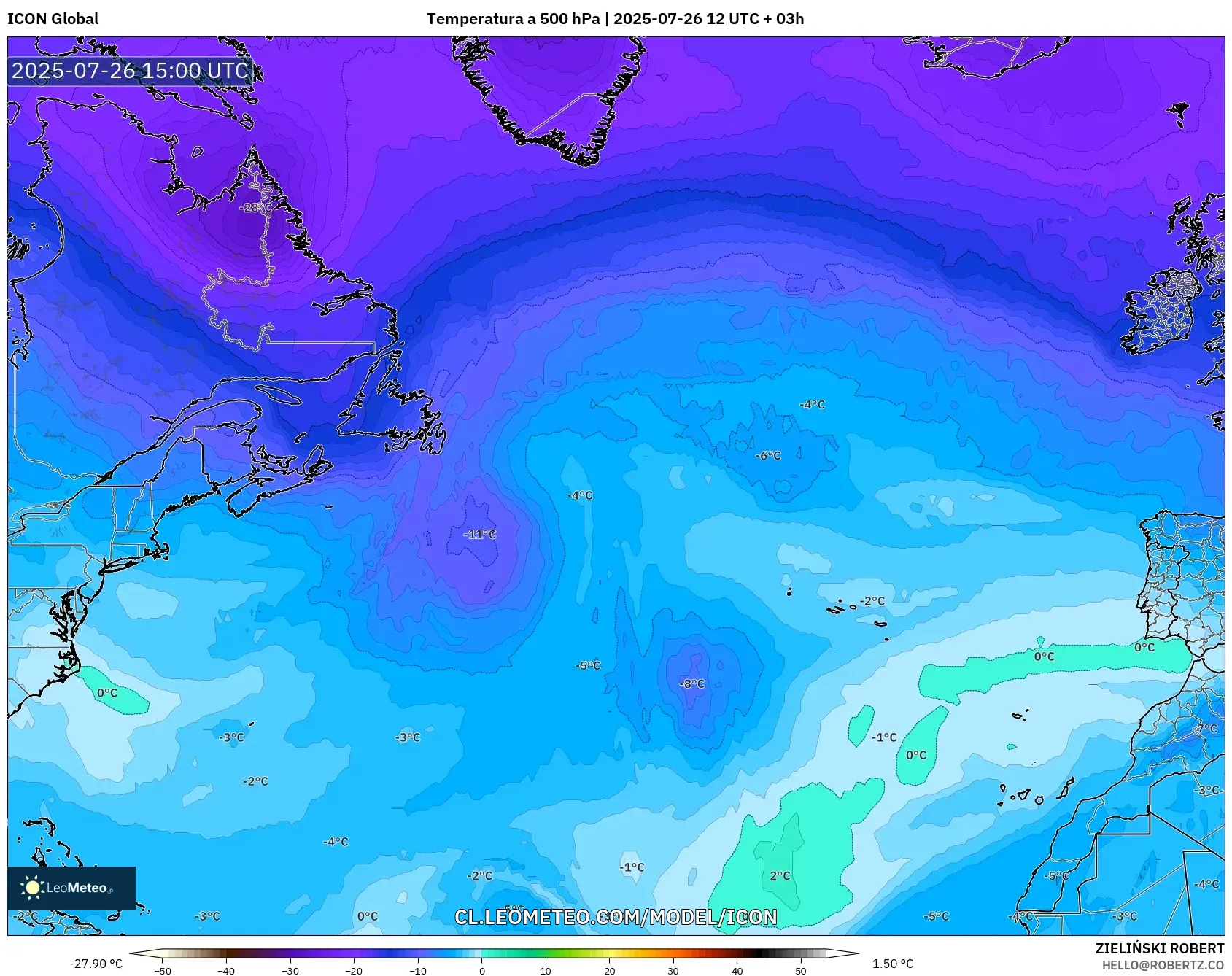 ICON model - Norte Atlántico, Temperatura a 500 hPa