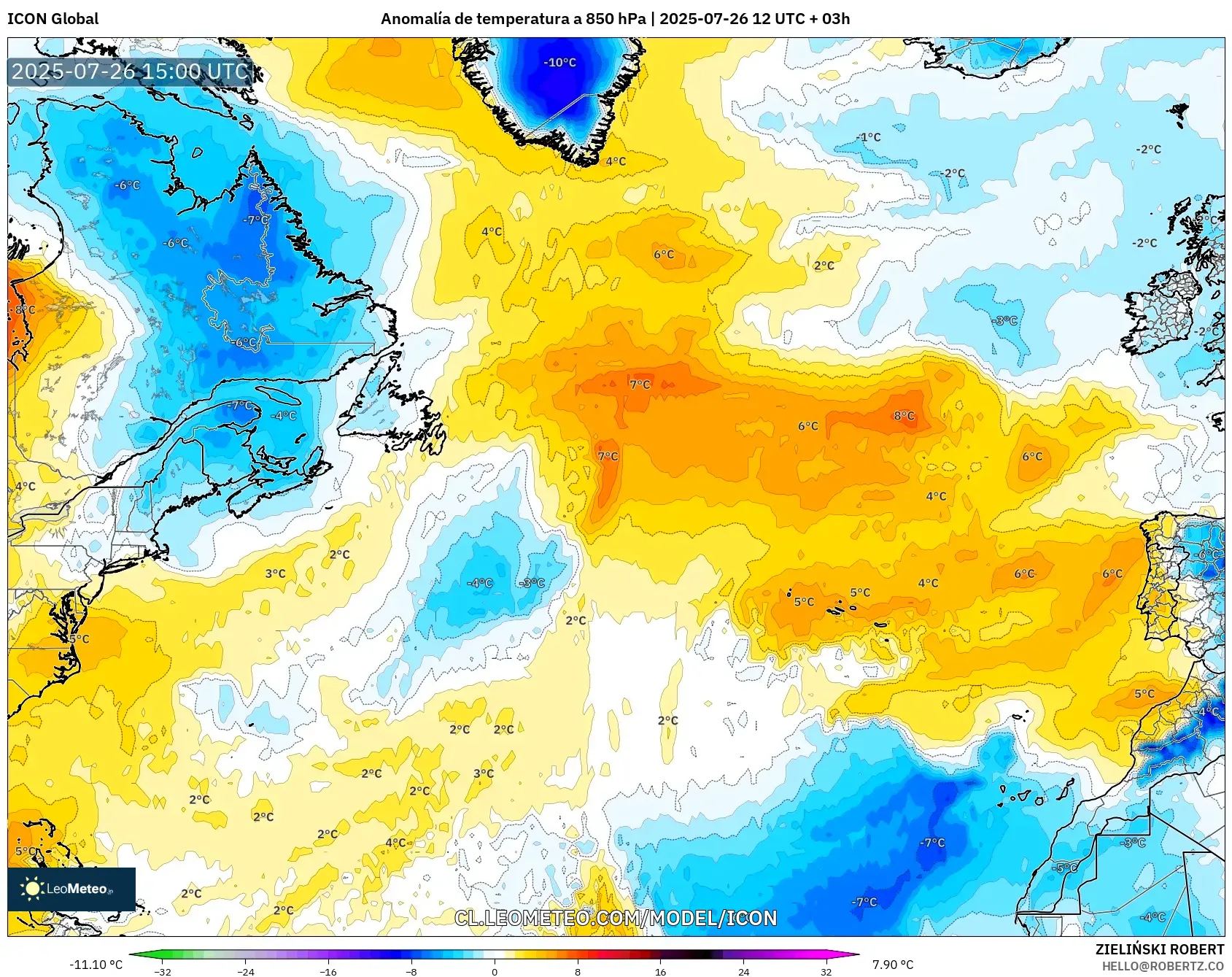 ICON model - Norte Atlántico, Anomalía de temperatura a 850 hPa
