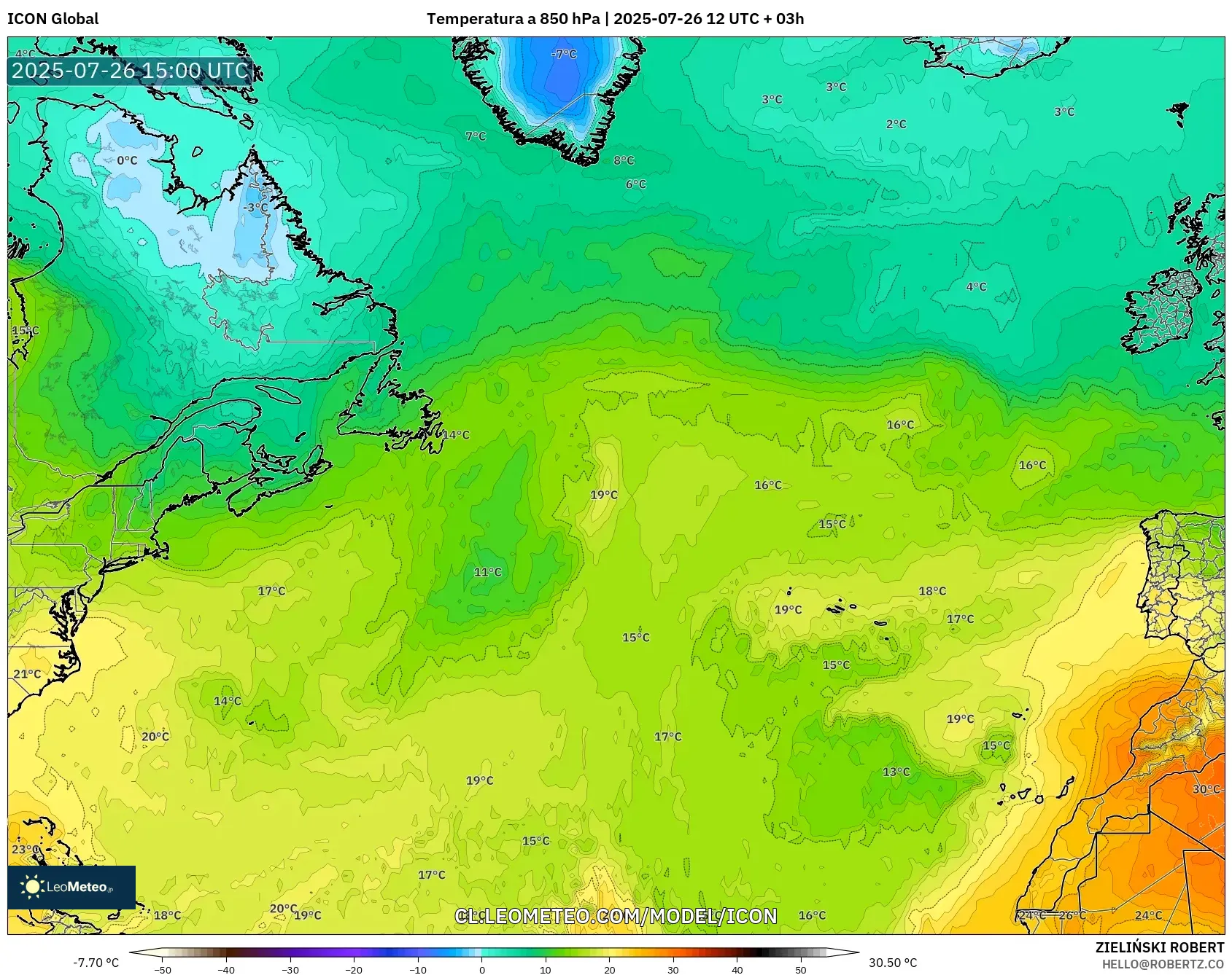ICON model - Norte Atlántico, Temperatura a 850 hPa
