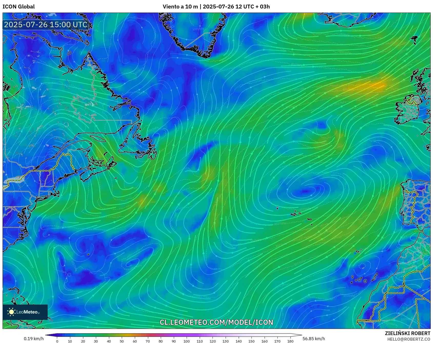 ICON model - Norte Atlántico, Viento a 10 m