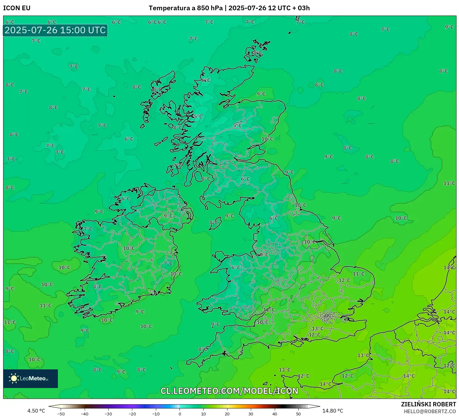 ICON model - Reino Unido, Temperatura a 850 hPa