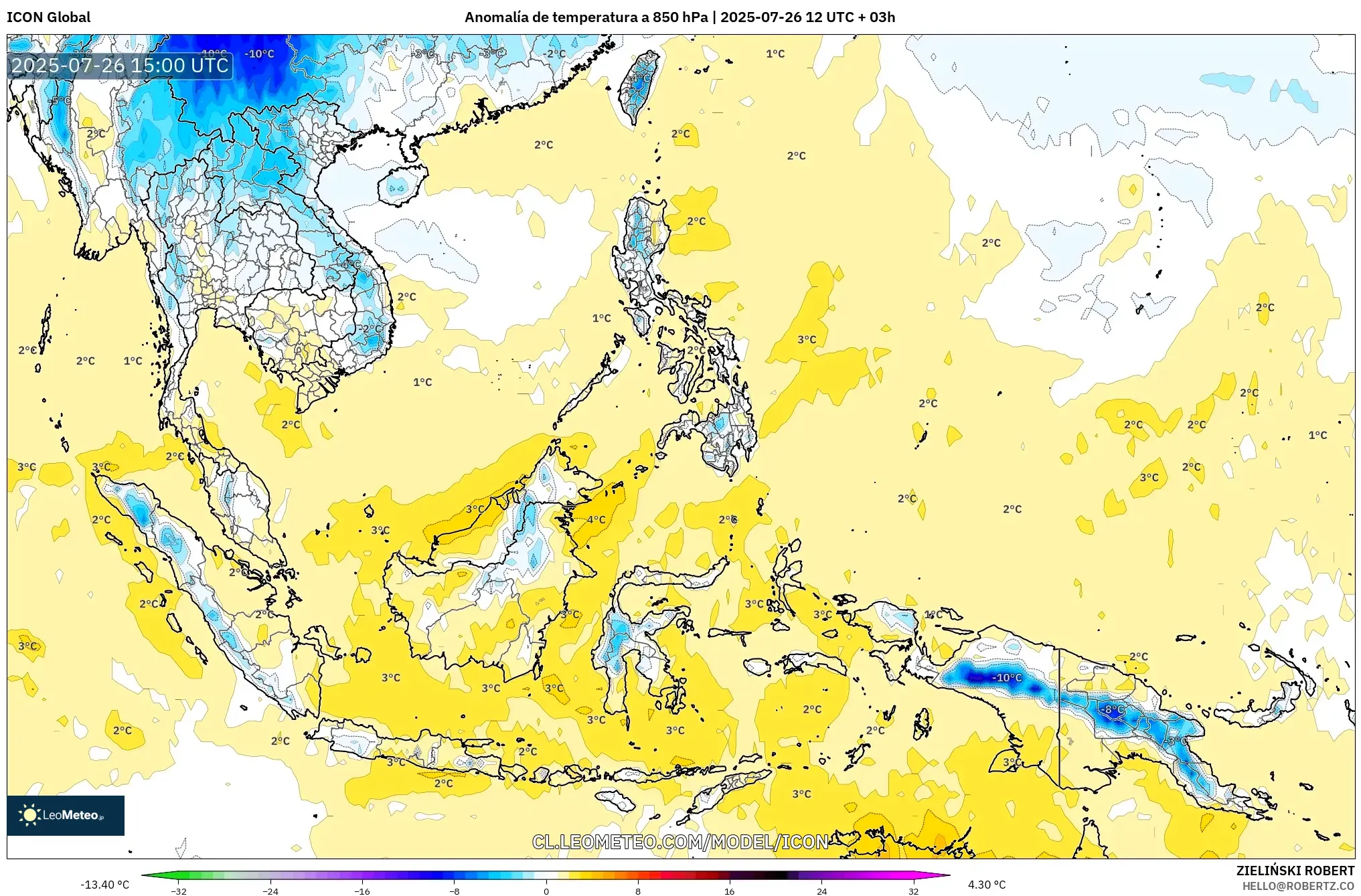 ICON model - Sudeste Asiático, Anomalía de temperatura a 850 hPa