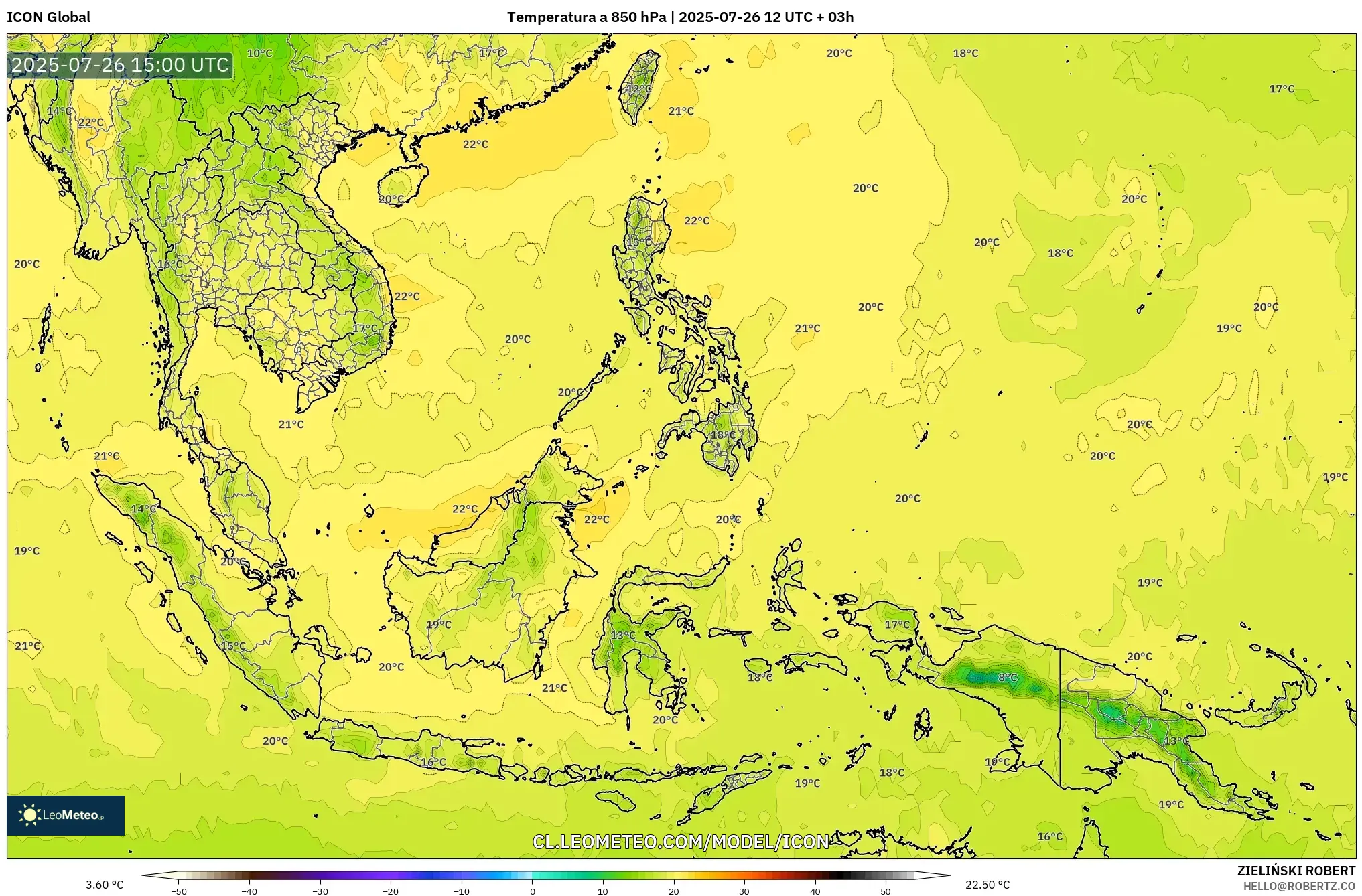 ICON model - Sudeste Asiático, Temperatura a 850 hPa