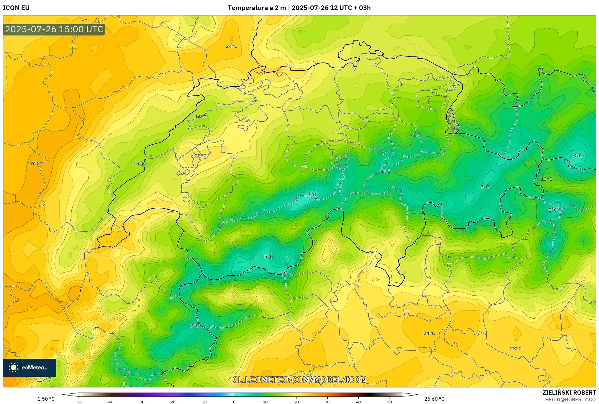 ICON model - Suiza, Temperatura a 2 m