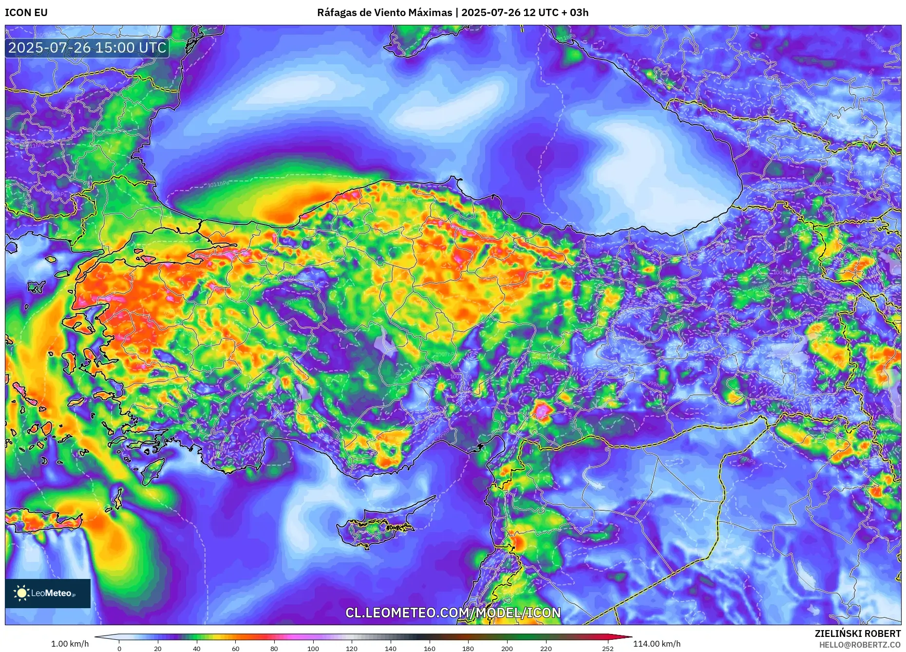 ICON model - Turquía, Ráfagas de Viento Máximas