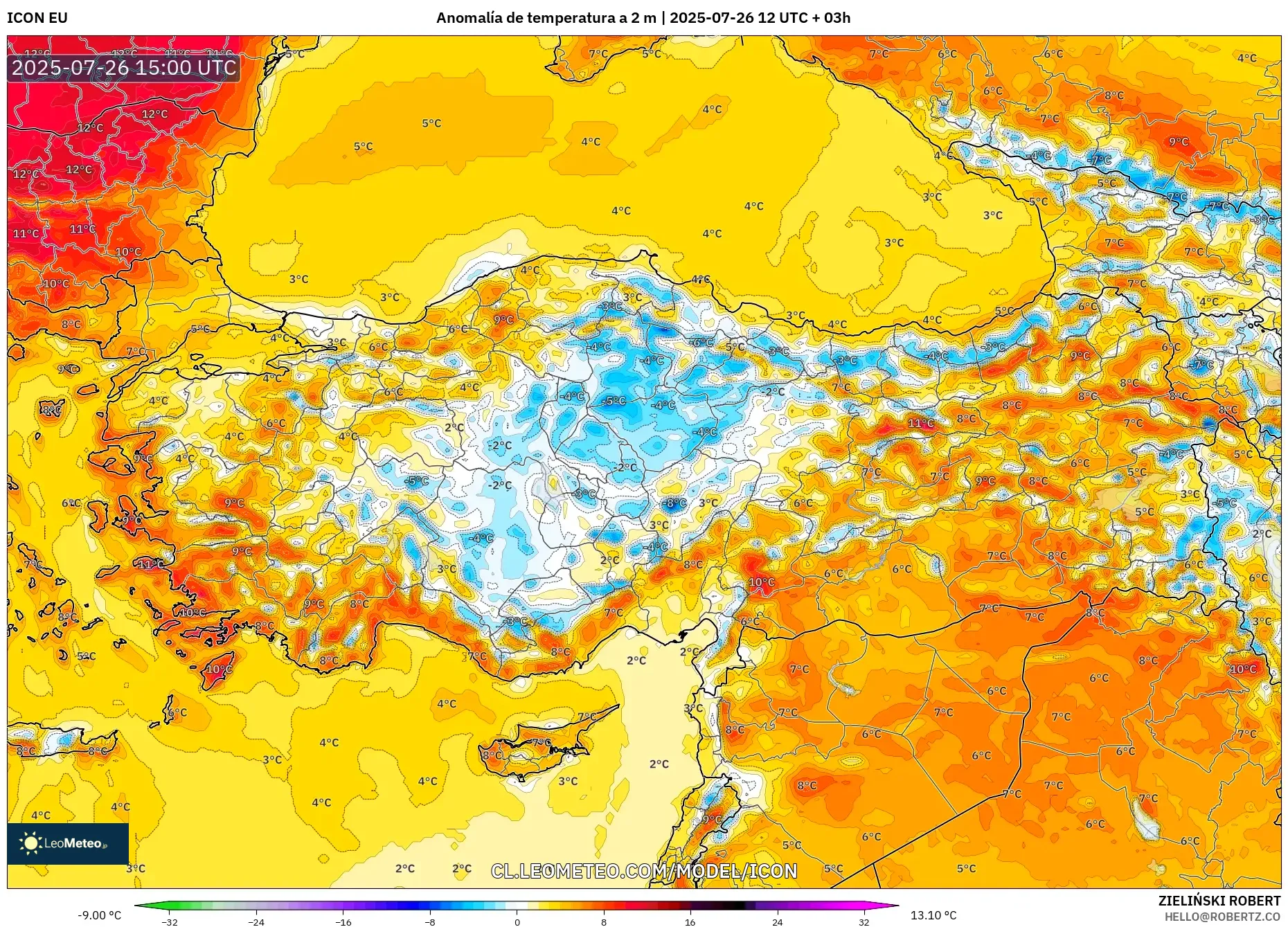 ICON model - Turquía, Anomalía de temperatura a 2 m