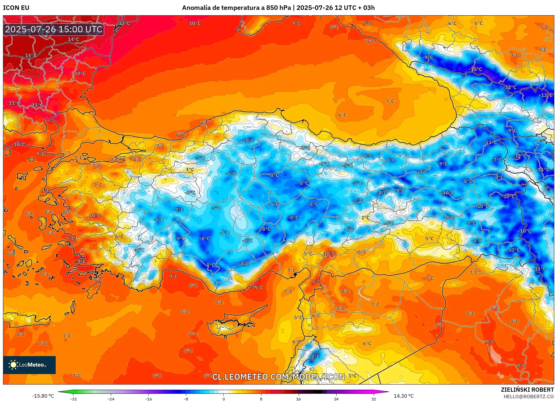ICON model - Turquía, Anomalía de temperatura a 850 hPa
