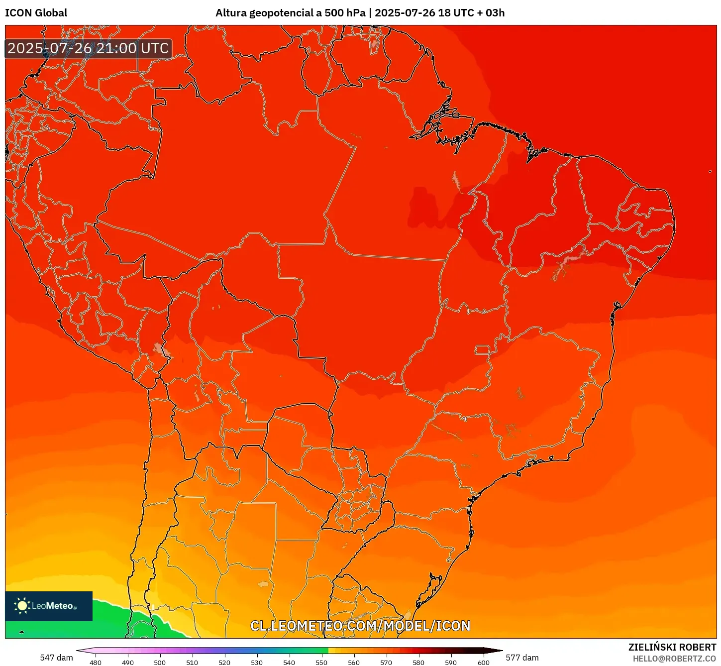 ICON model - Brasil, Altura geopotencial a 500 hPa ICON model - Brasil, Altura geopotencial a 500 hPa