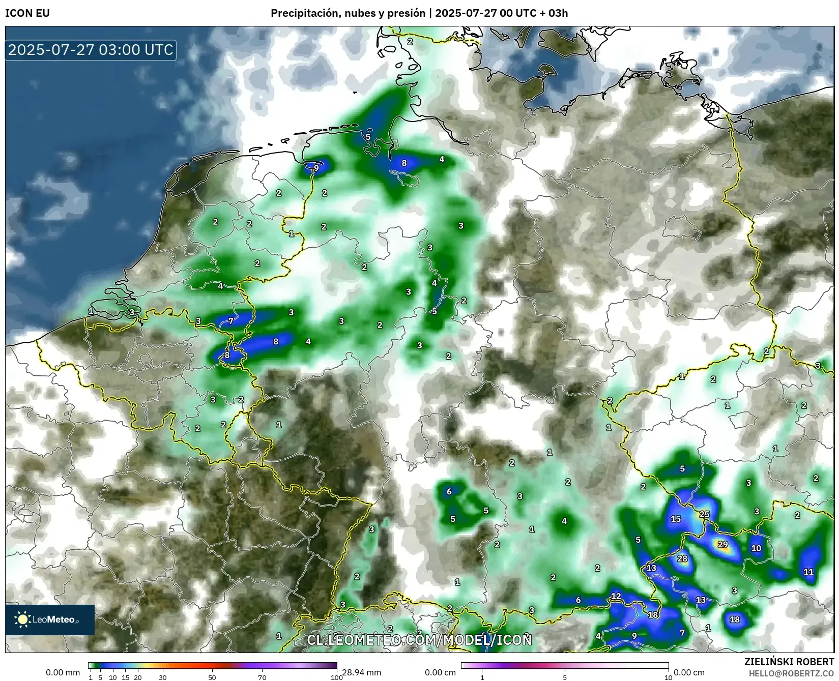 ICON model - Alemania, Precipitación, nubes y presión ICON model - Alemania, Precipitación, nubes y presión