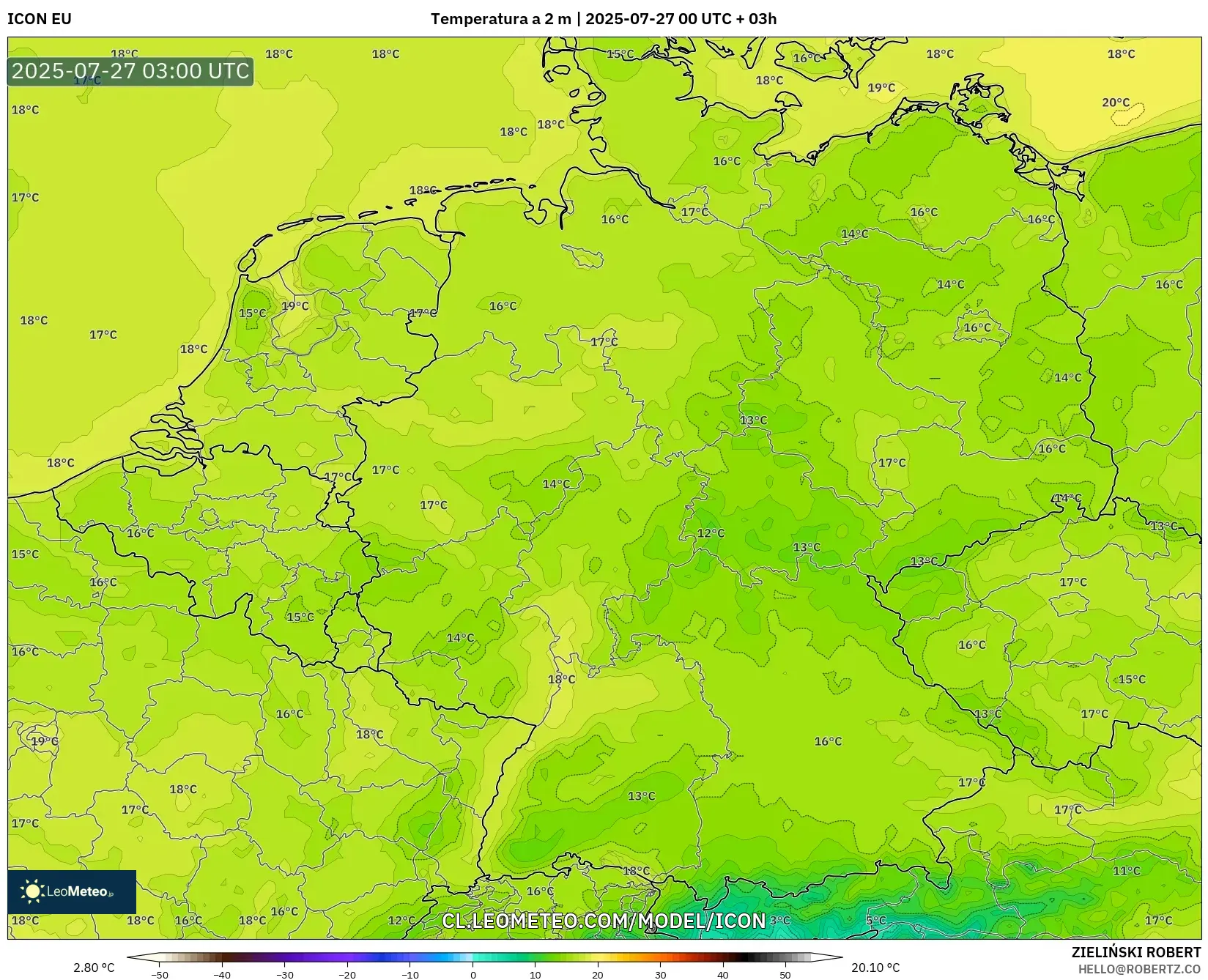 ICON model - Alemania, Temperatura a 2 m ICON model - Alemania, Temperatura a 2 m