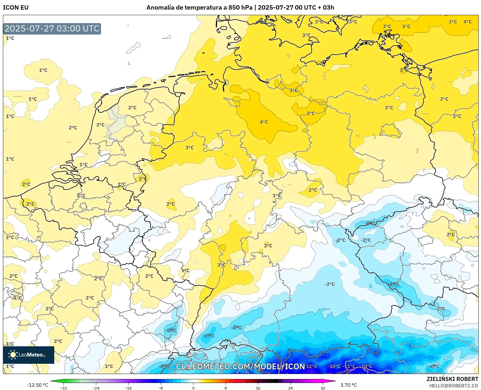 ICON model - Alemania, Anomalía de temperatura a 850 hPa ICON model - Alemania, Anomalía de temperatura a 850 hPa