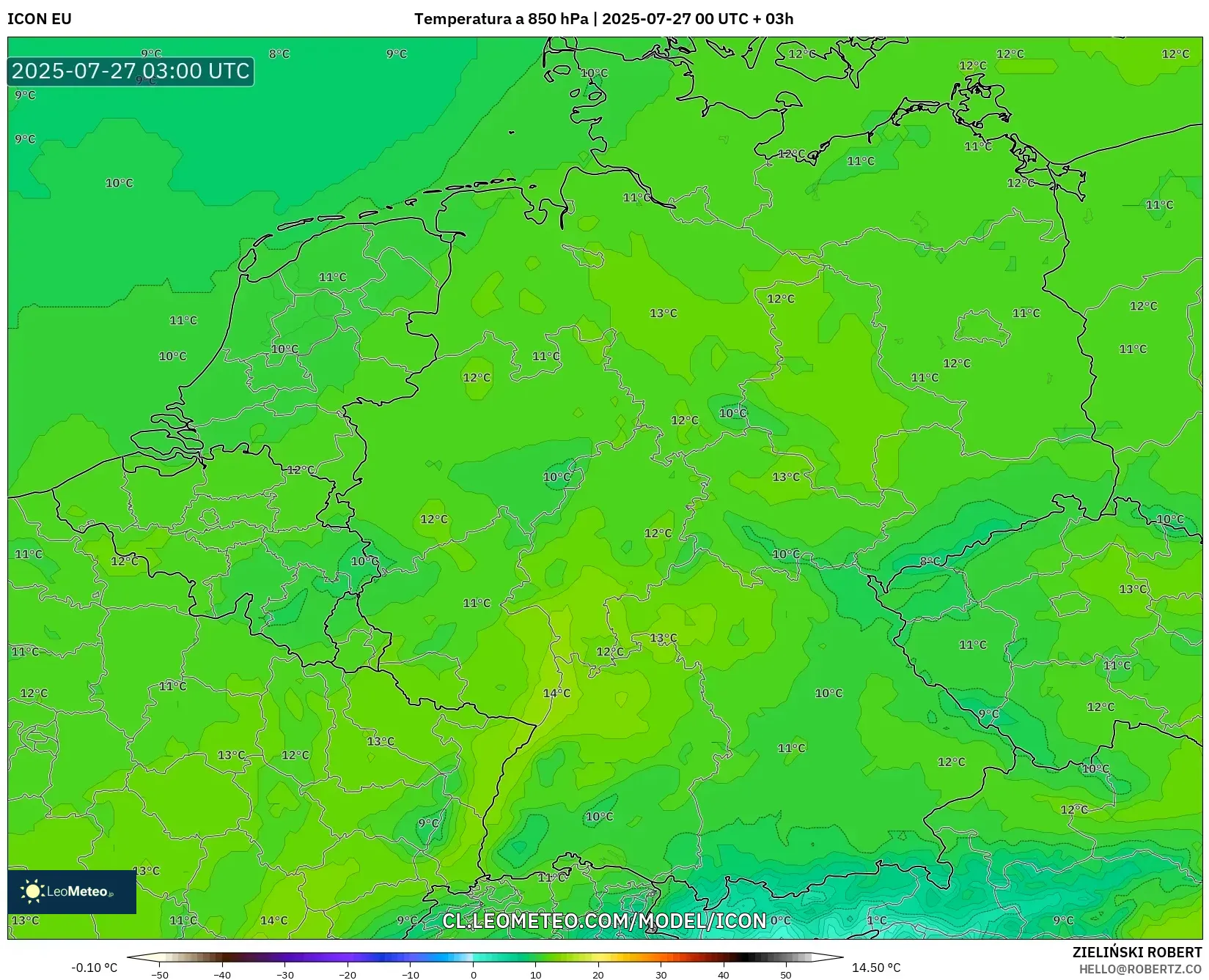 ICON model - Alemania, Temperatura a 850 hPa ICON model - Alemania, Temperatura a 850 hPa