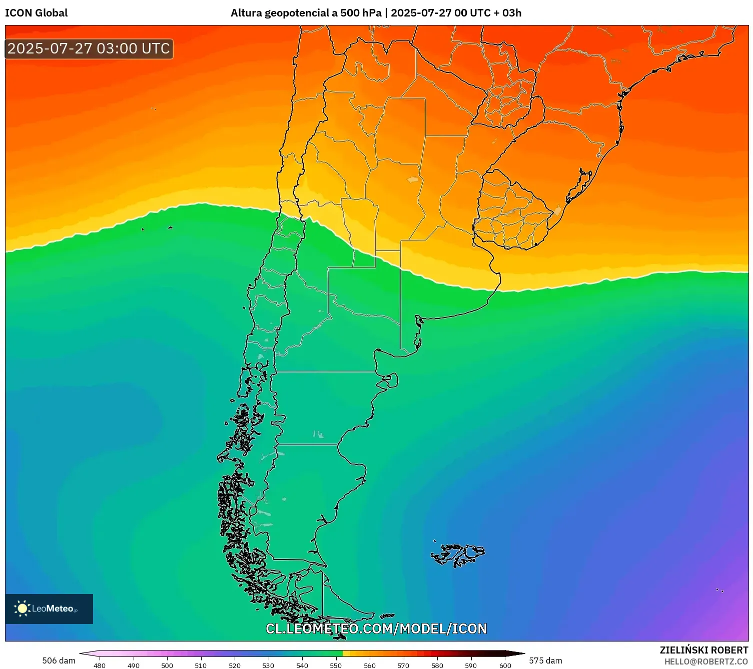 ICON model - Argentina, Altura geopotencial a 500 hPa ICON model - Argentina, Altura geopotencial a 500 hPa