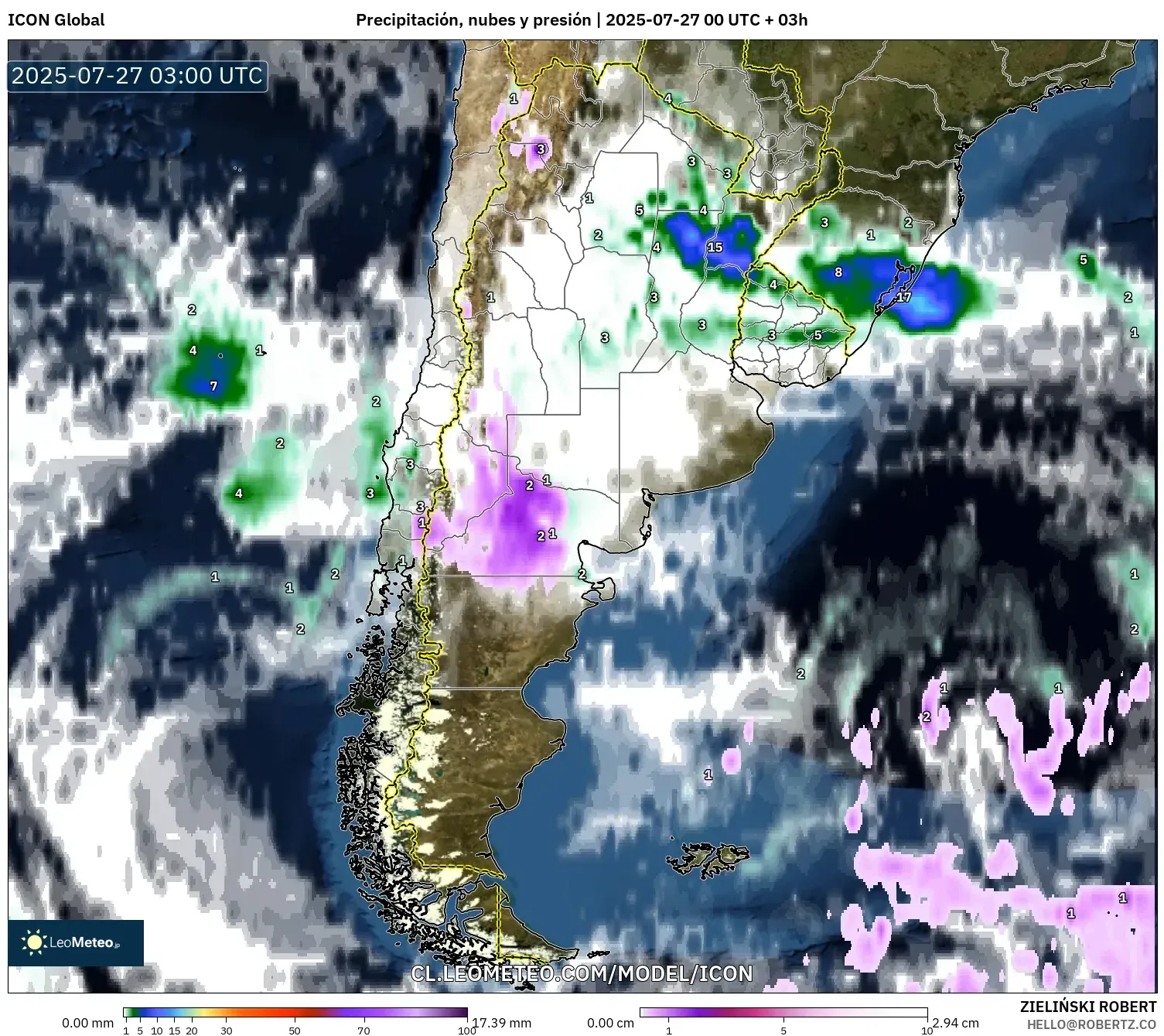 ICON model - Argentina, Precipitación, nubes y presión