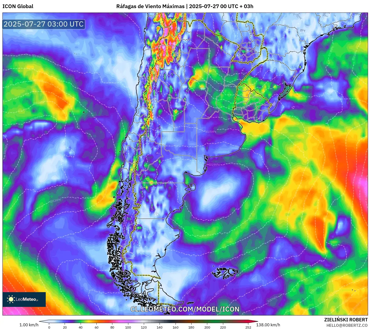 ICON model - Argentina, Ráfagas de Viento Máximas ICON model - Argentina, Ráfagas de Viento Máximas
