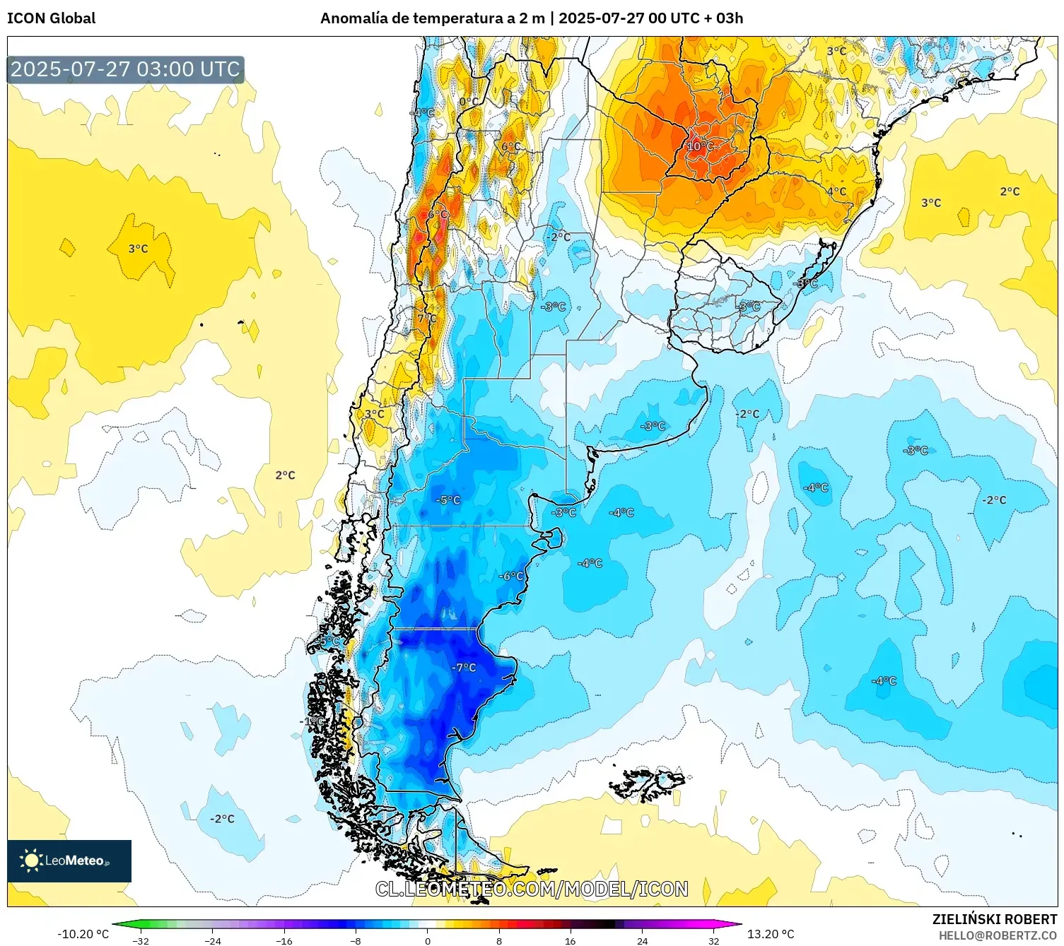 ICON model - Argentina, Anomalía de temperatura a 2 m ICON model - Argentina, Anomalía de temperatura a 2 m