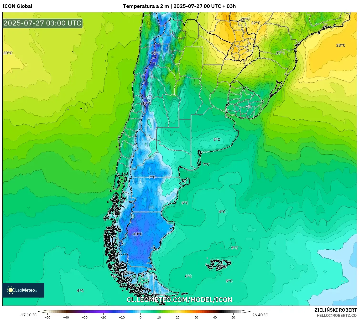 ICON model - Argentina, Temperatura a 2 m ICON model - Argentina, Temperatura a 2 m