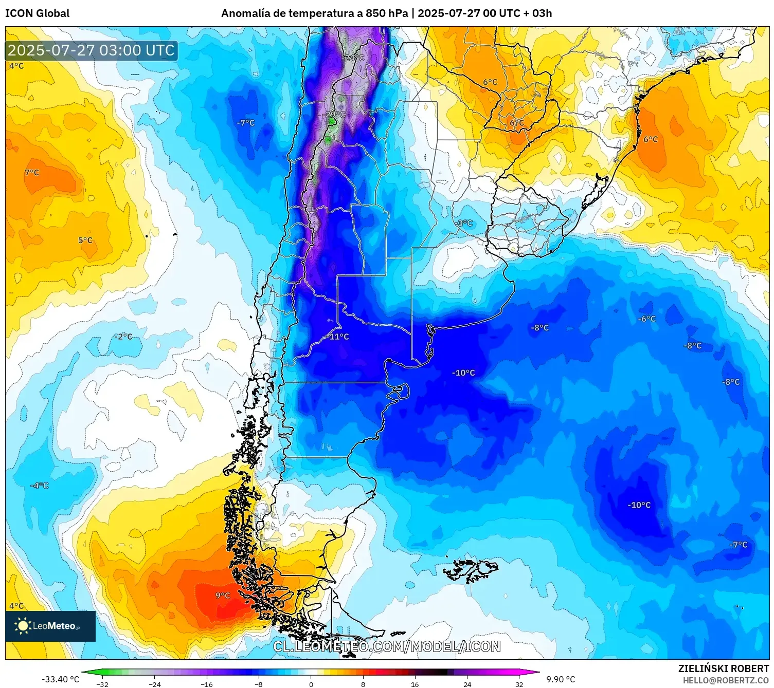 ICON model - Argentina, Anomalía de temperatura a 850 hPa ICON model - Argentina, Anomalía de temperatura a 850 hPa