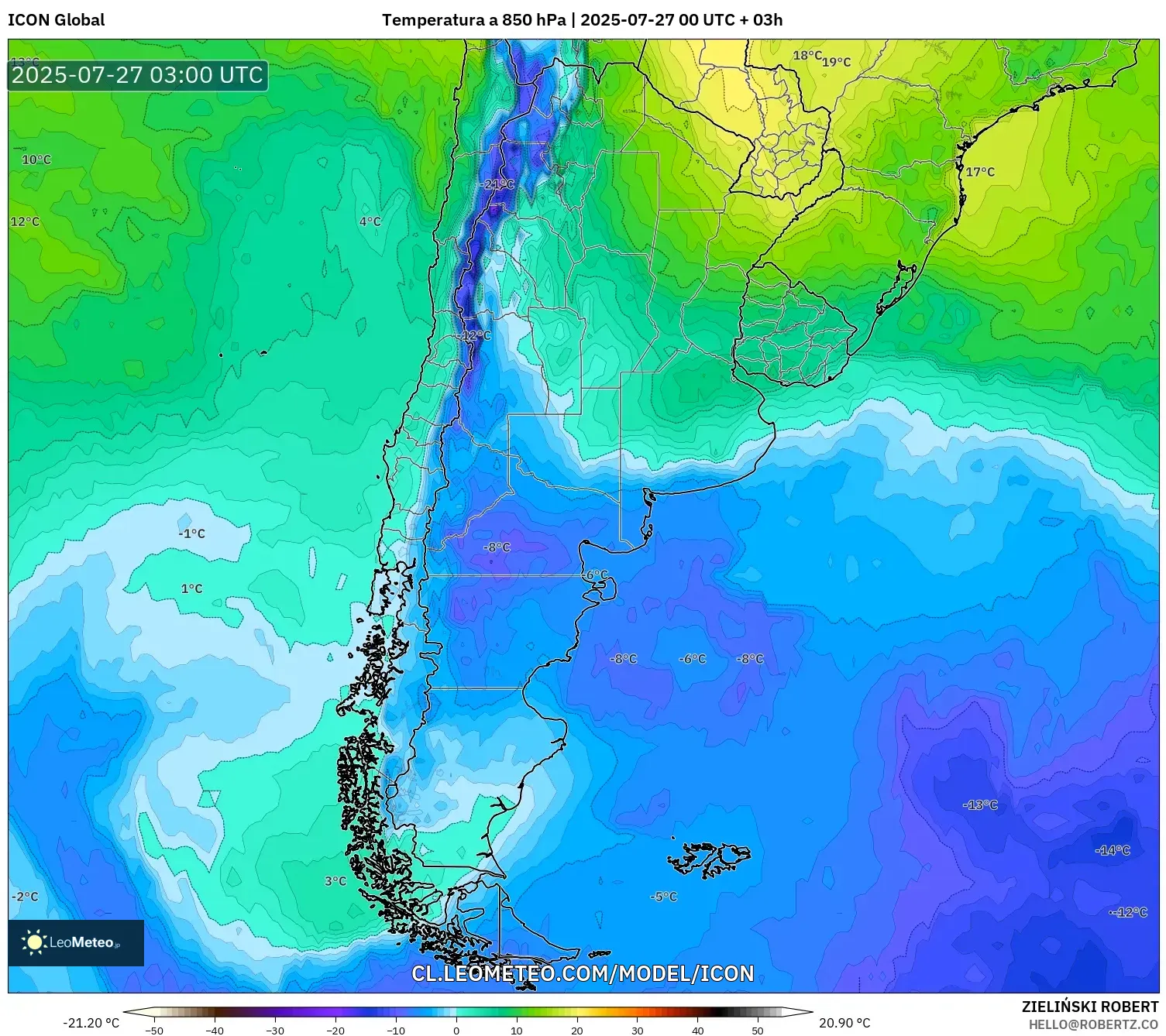 ICON model - Argentina, Temperatura a 850 hPa ICON model - Argentina, Temperatura a 850 hPa