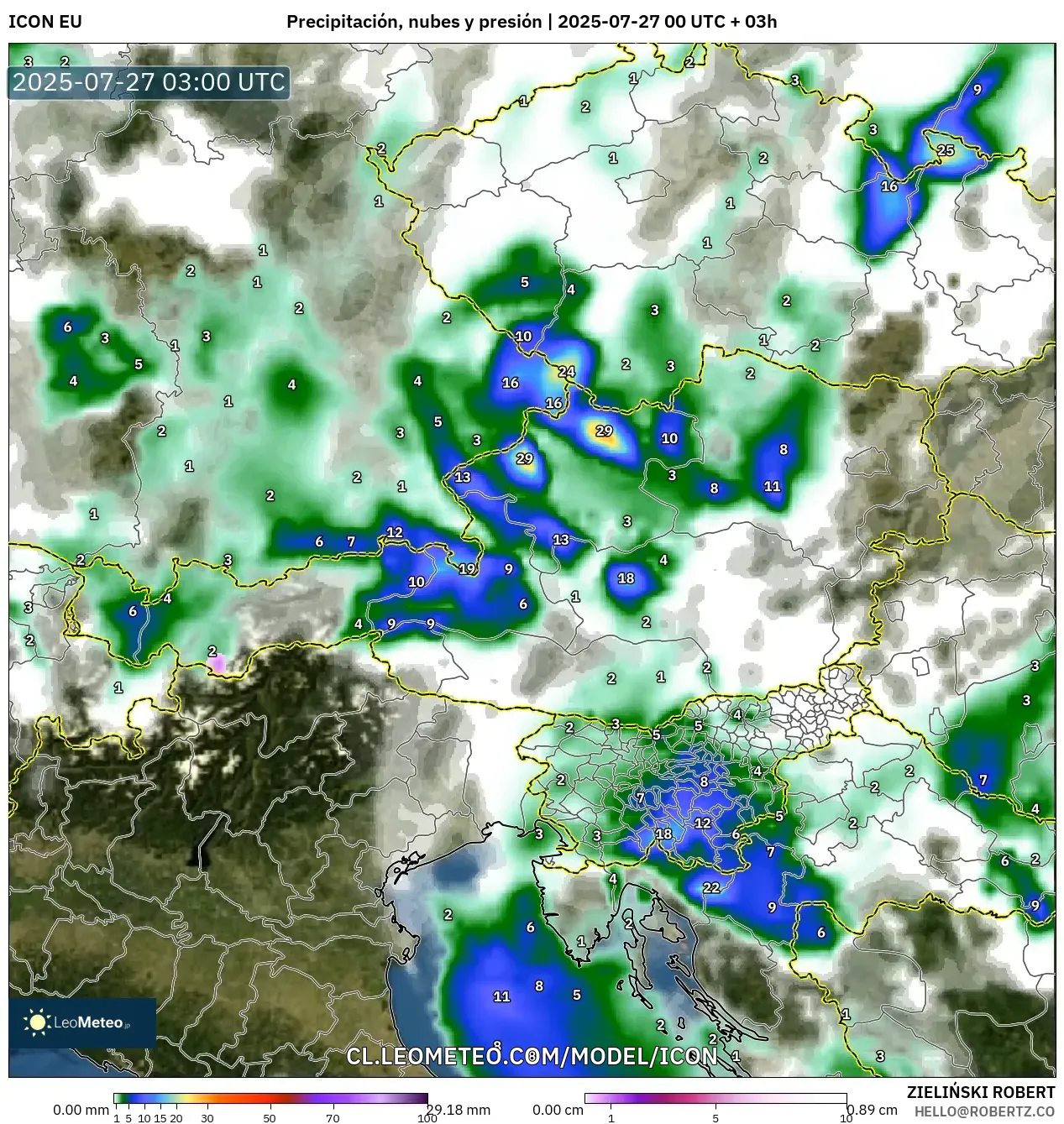 ICON model - Austria, Precipitación, nubes y presión ICON model - Austria, Precipitación, nubes y presión