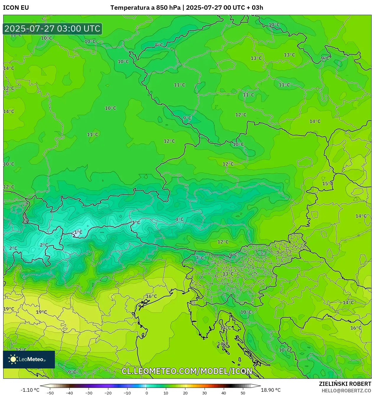 ICON model - Austria, Temperatura a 850 hPa ICON model - Austria, Temperatura a 850 hPa