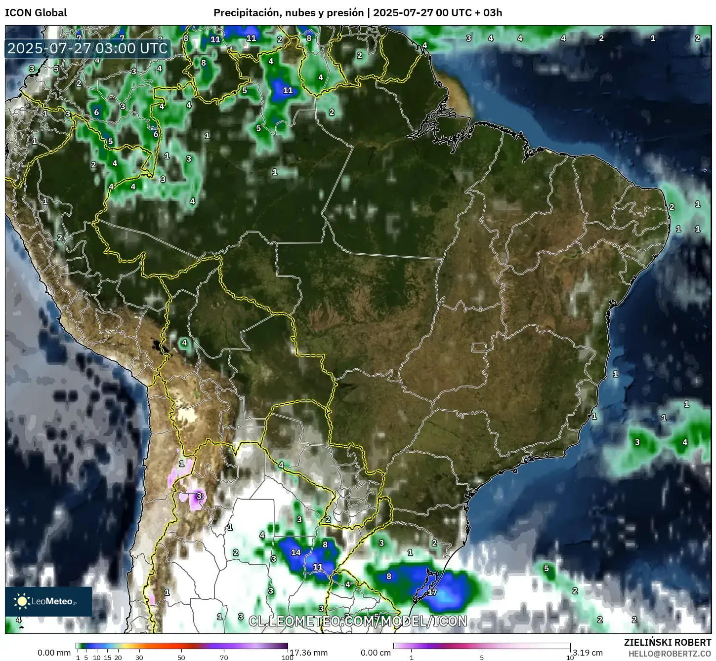 ICON model - Brasil, Precipitación, nubes y presión ICON model - Brasil, Precipitación, nubes y presión
