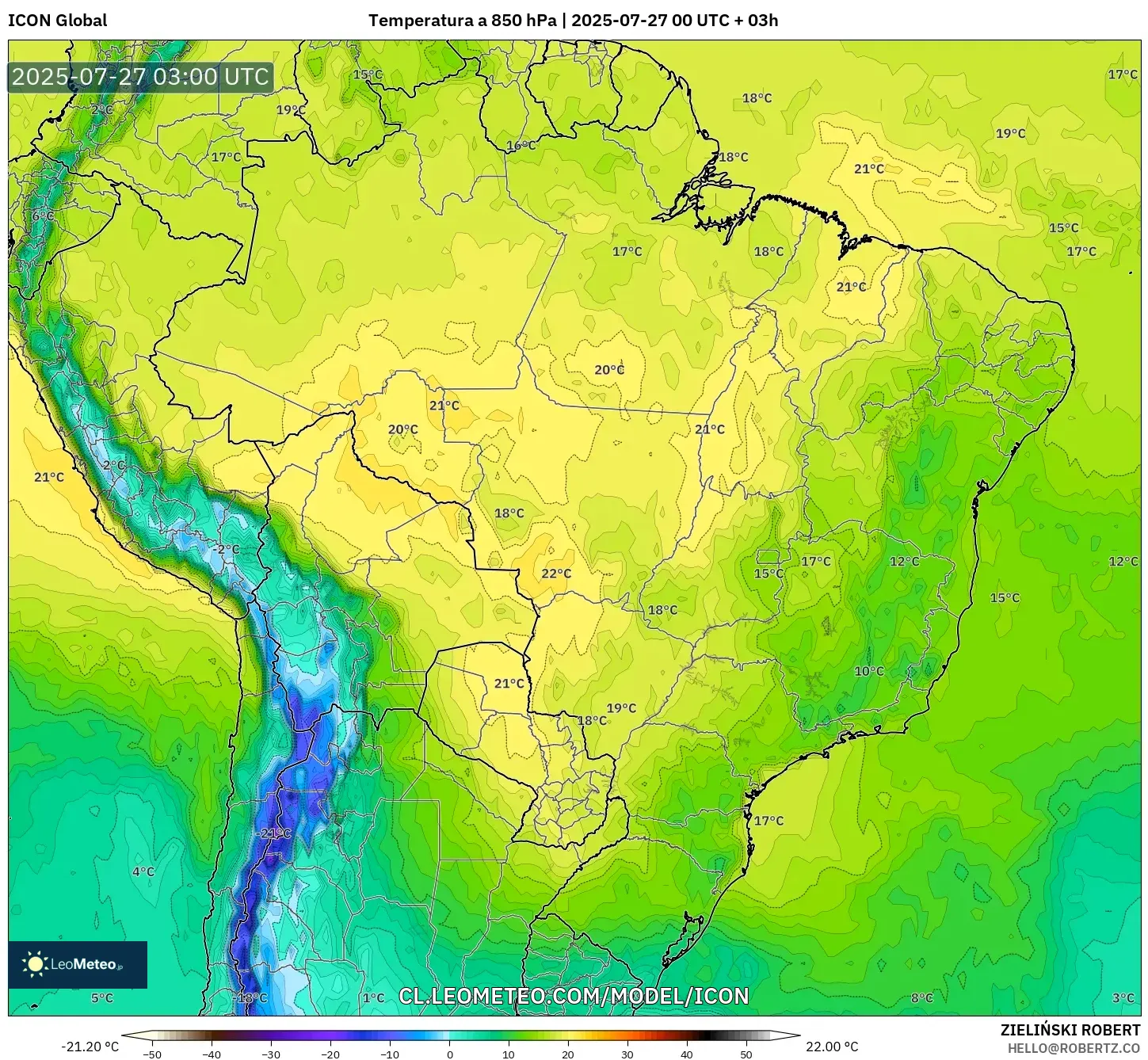 ICON model - Brasil, Temperatura a 850 hPa ICON model - Brasil, Temperatura a 850 hPa