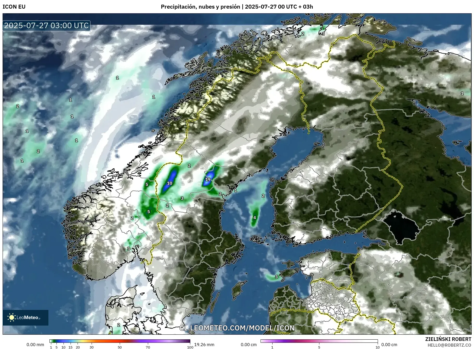 ICON model - Escandinavia, Precipitación, nubes y presión ICON model - Escandinavia, Precipitación, nubes y presión