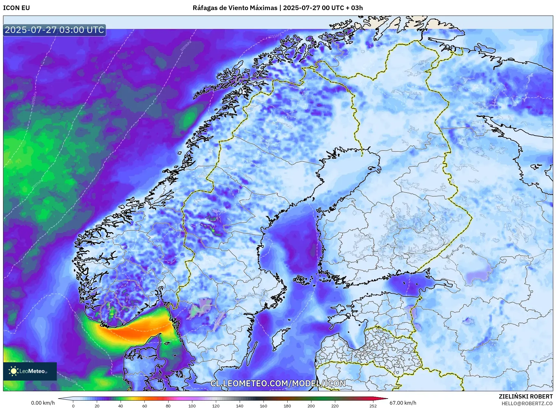 ICON model - Escandinavia, Ráfagas de Viento Máximas ICON model - Escandinavia, Ráfagas de Viento Máximas